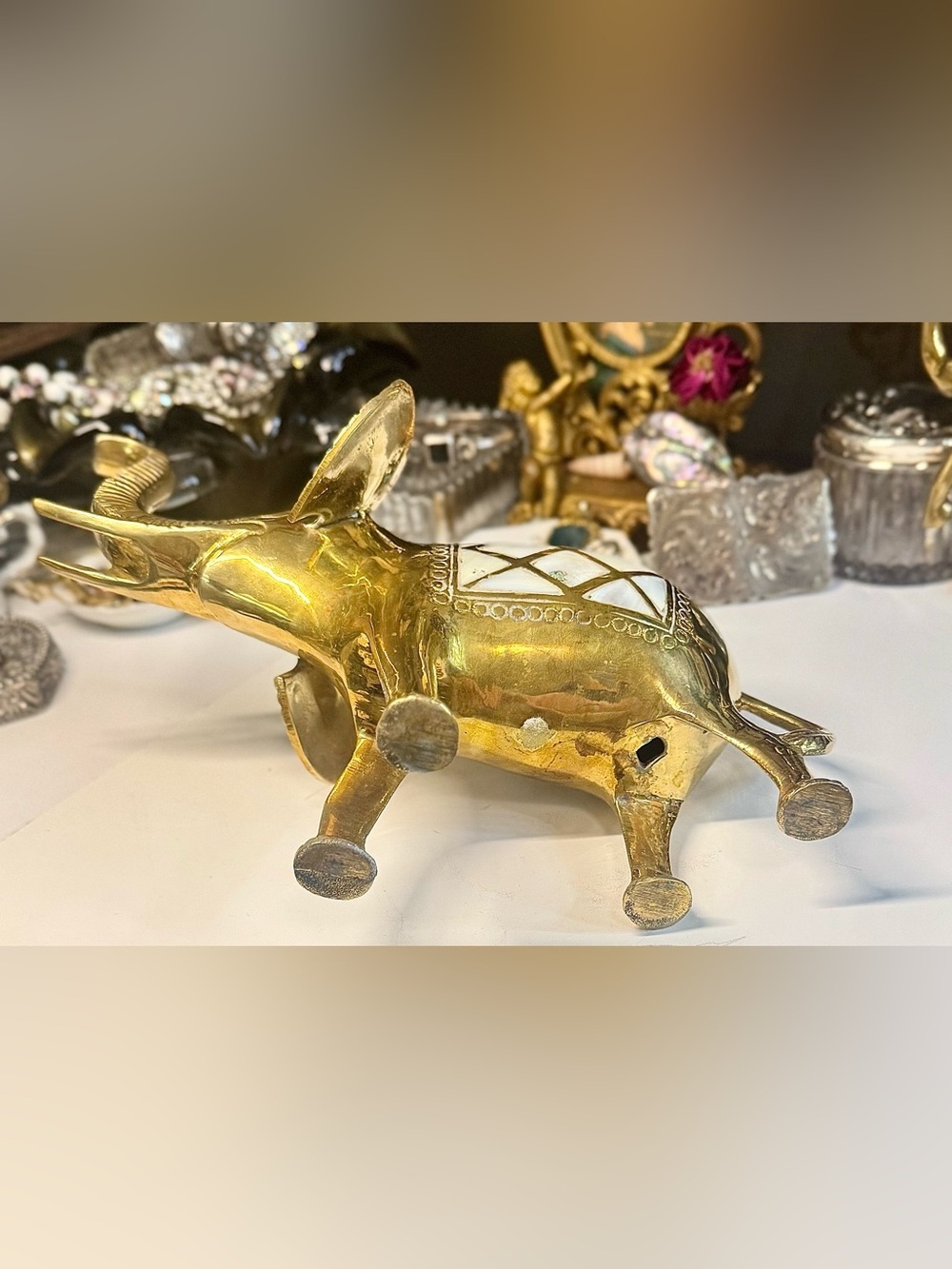 XL Vintage Brass Elephant Inlaid Mother of Pearl Statue - Picture 5 of 5